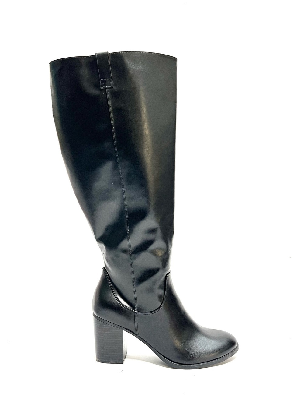 Vintage Y2K deadstock black vegan leather knee high wide calf zip up boots